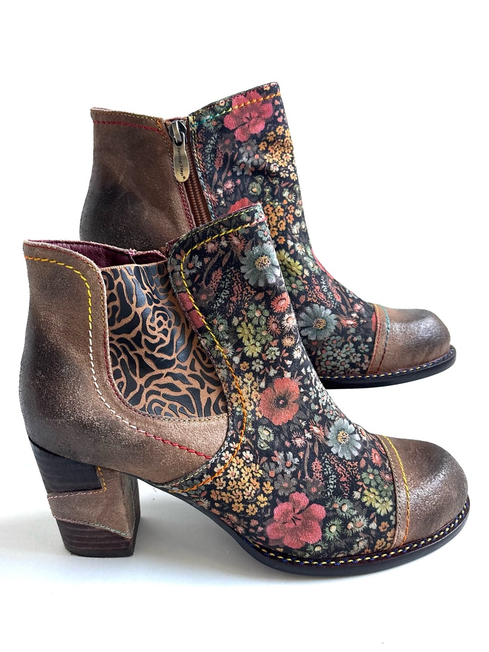 L'Artiste Melvina Ankle Boots Leather Floral Pattern Brown Size EU 39 US 8.5